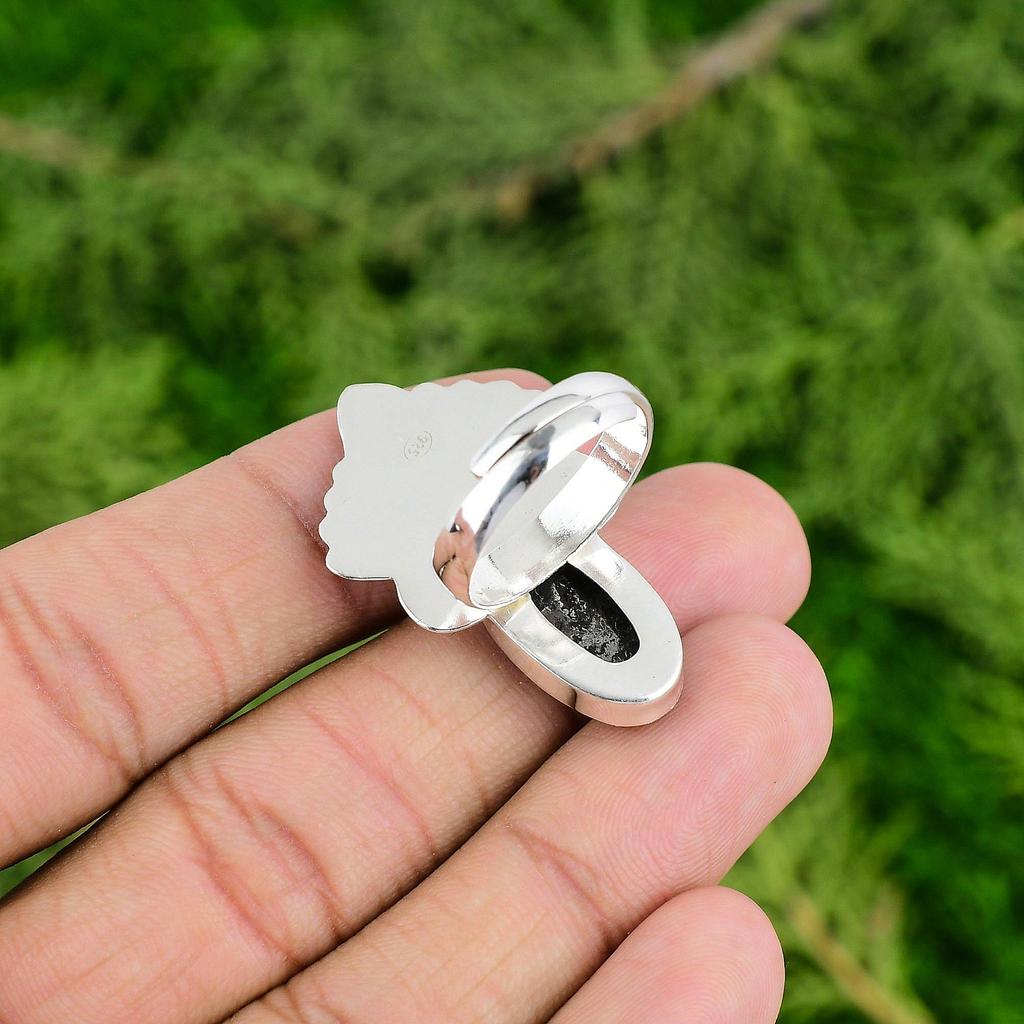 925 Silver Natural Rhodonite Boho Bezel Statement Handcrafted Wife Ring Jewelry