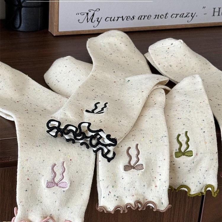 Socks Autumn Ideas Yarn Embroidery Bow Versatile Medium Tube Socks Wooden Edge Loose Stacking Socks