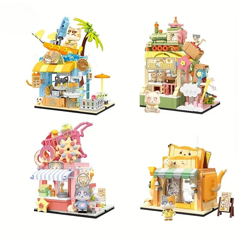 Набор строительных блоков с изображением кошек, кофейней, пекарней и магазином игрушек, вид на город и улицу, идеальный для декора дома и подарков