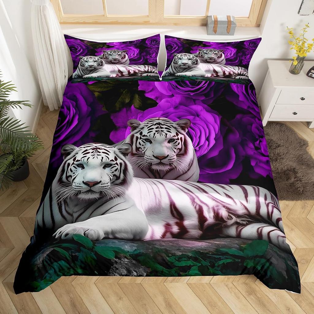 White Tiger Duvet Cover Set Queen Size Wildlife Comforter Covers Animal Print Bedding Set For Boys Girls Kids Art Bedroom Decor