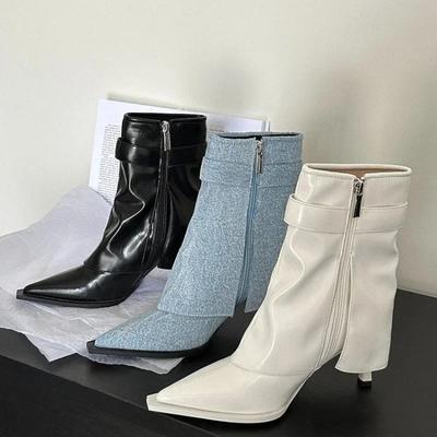 Модные женские туфли на остром каблуке 2024 года, мягкие кожаные ботильоны, новые корейские ботильоны на шпильках, женские модные гладиаторские готические ботинки челси