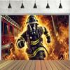 2D flat surface 1-piece polyester background featuring firefighter theme suitable for birthday parties and cake tables