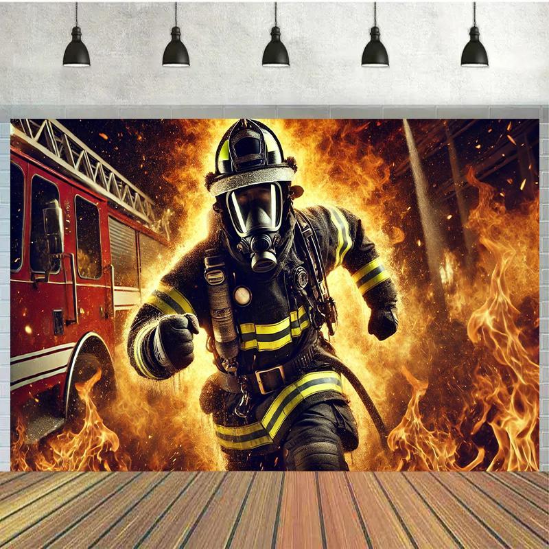 2D flat surface 1-piece polyester background featuring firefighter theme suitable for birthday parties and cake tables