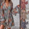 Bohemian Style Print Dresses for Women Fashion Bell Sleeves V-neck Elegant Ladies A-line Dress Spring Summer Casual Beach Dress