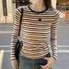 Autumn Winter Round Neck Vintage Striped Printing T-shirt Women Long Sleeve All-match Slim Pullover Tee Top