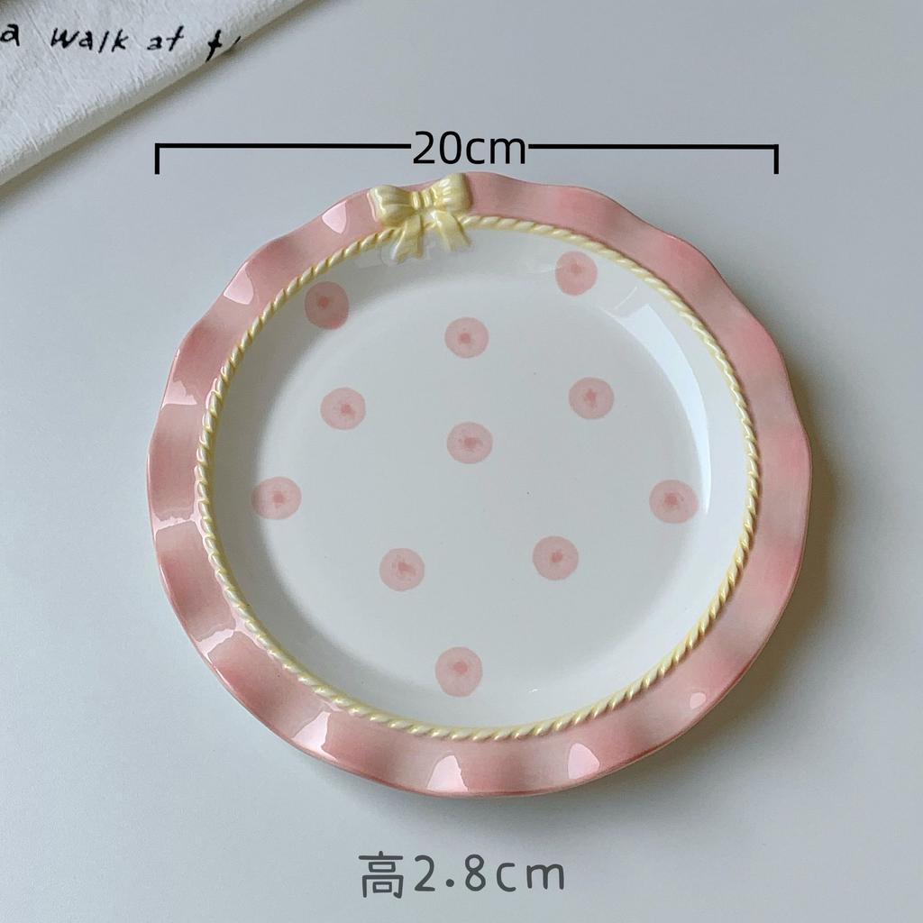 INS Style Korean Style Girl Heart Pink Ceramic Tableware Set Polka Dot Bow Cute Small Bowl Rice Bowl Deep Plates Cute Plates