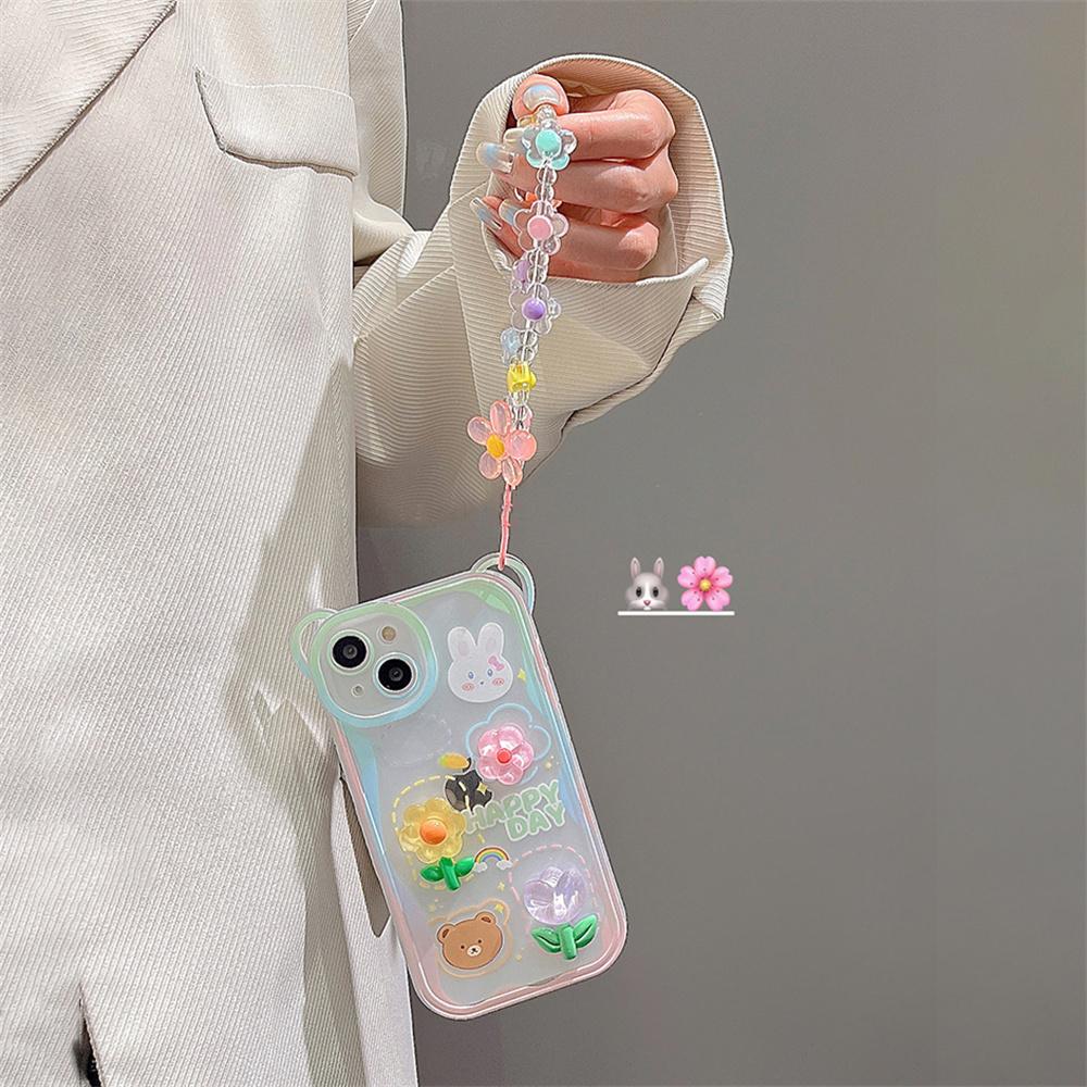 Cute Bear Rabbit 3d Flower Phone Chains Clear Soft Phone Case For Iphone 14 12 11 13 Pro Max Xs Max 7 8 Plus Protective Cover