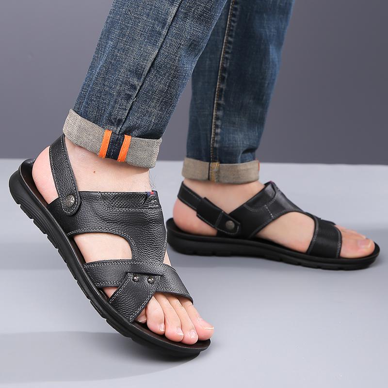 Men Black Leather Sandals Summer Brown Outdoor Hiking Sandals Outdoor Wide Head Beach Shoes for Father Over Sized