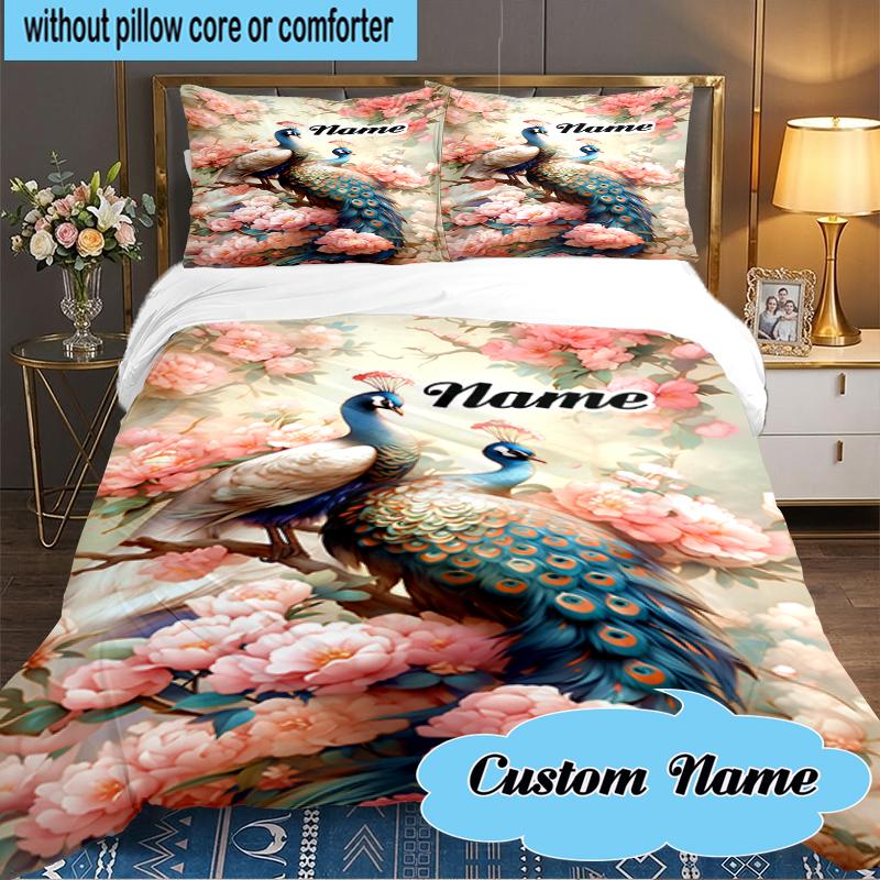 Custom Name Peacock Flowers Romance Bedding Set 3pcs, Bedding Set Including 1pc Duvet Cover And 2pcs Pillowcases for Bedroom, Dormitory Gift