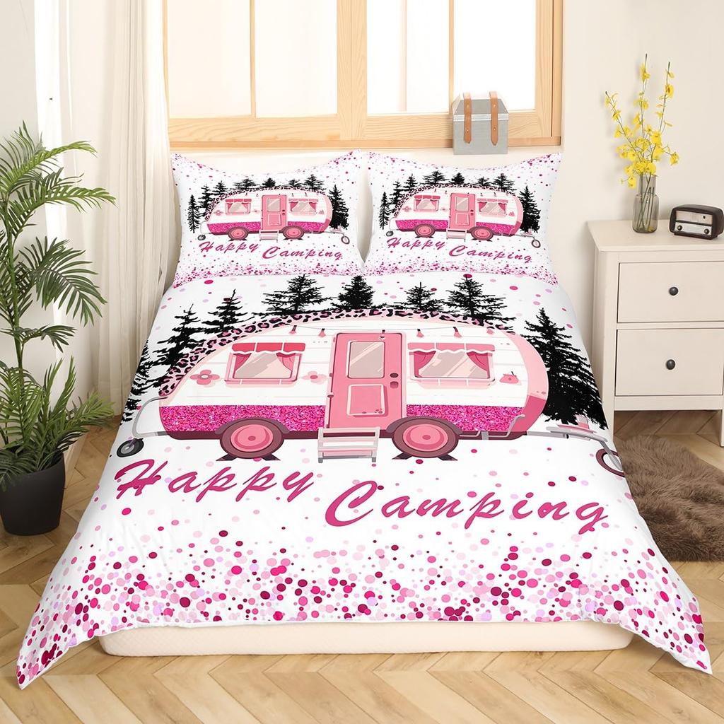 Erosebridal Rustic Farmhouse Bedding - Happy Camping Duvet Cover for Boys Kids Teens, Black Sketch Drawing Comforter Cover Vintage Old Barn