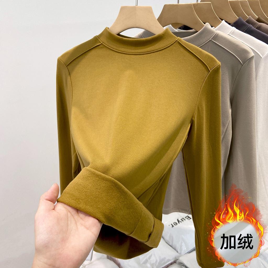 Флисовая полированная футболка с маленьким воротником-стойкой для женщин, весенняя, спереди «рыбья кость», плечо слим-фит, с длинным рукавом, футболка с топом внутри