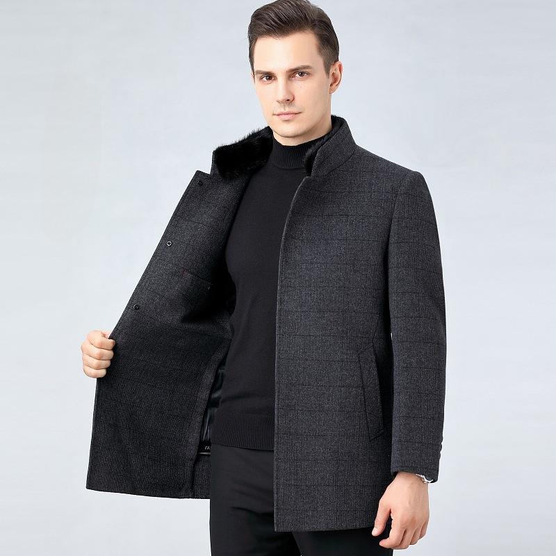 Зимнее двухстороннее шерстяное пальто для мужчин, шерстяная ветровка средней длины, воротник-стойка, воротник из меха норки, куртка на пуху