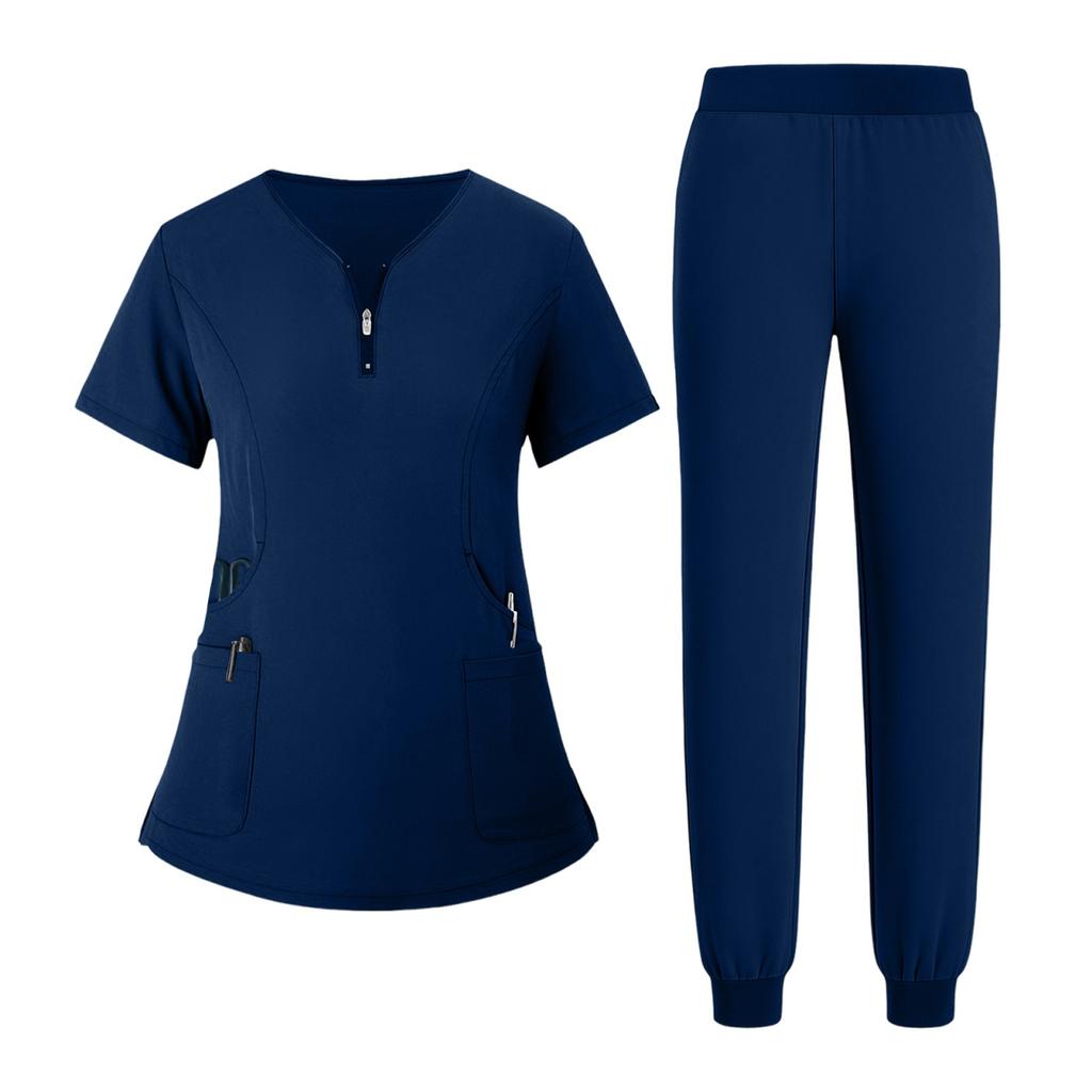 Women's Uniform Quick Drying Fabric Solid Color V-neck Zipper Pocket Short Sleeved Pants Set Caregiver Set