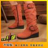 Casual versatile fashion boots autumn and winter new fashion European and American suede wedge belt buckle high knight boots