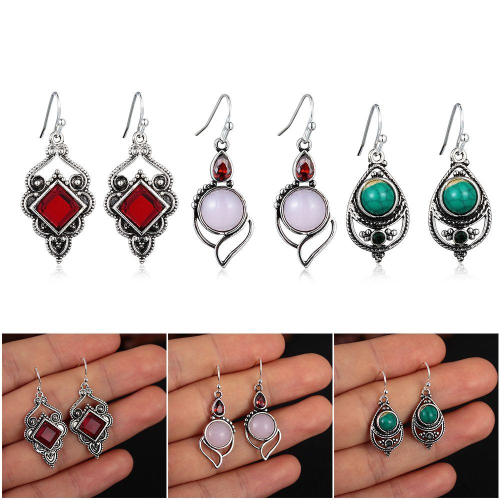 1Pair Chic Dangle Hook Vintage Jewelry Multi-Gemstone Ear Stud Moonstone Earrings Turquoise Amethyst