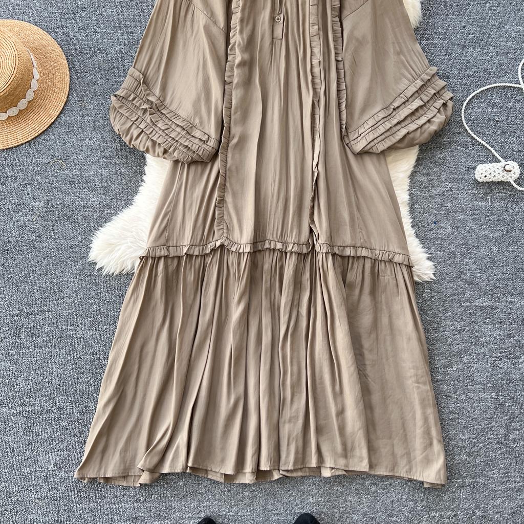 Винтажное однобортное платье с круглым вырезом на шнуровке, модное, с длинными рукавами, элегантное, свободное, с оборками, корейская женская одежда High Street