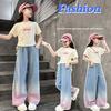 Широкие джинсы Tencel для девочек, брюки с градиентным цветом для детей, верхняя одежда, длинные брюки, одежда