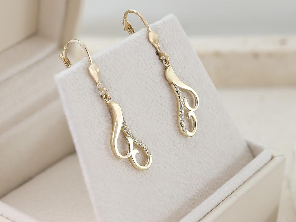 English 585 gold dangling earrings, elegant design with white zircons