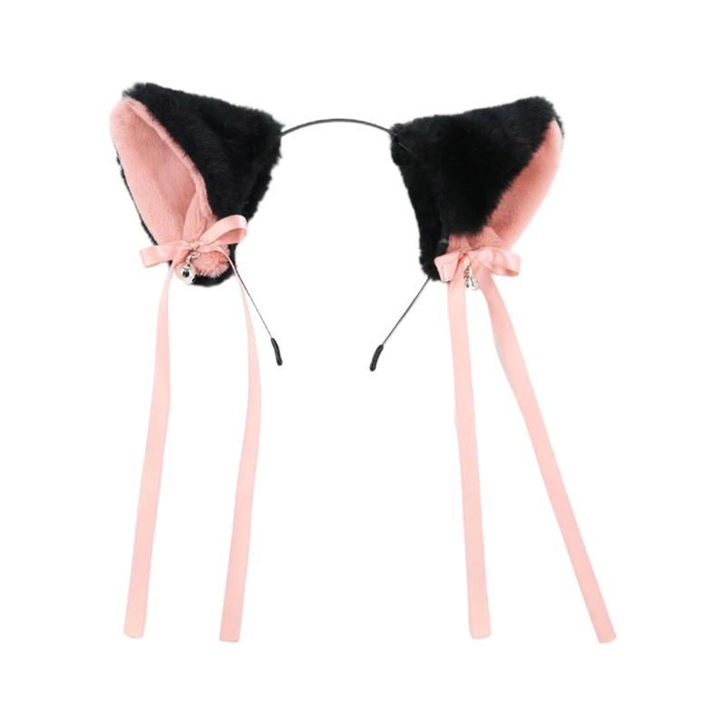 Ободок для волос с кошачьими ушками в стиле Лолита, плюшевый головной убор, повязка на голову с имитацией животного, с бантом, универсальная повязка на голову для уличной съемки