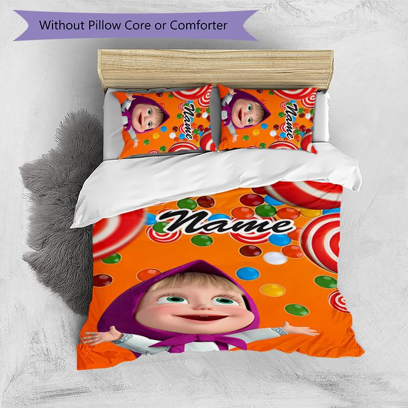 3pcs Masha and the Bear4 Cover Set - Personalized Name, HD Printed Bedding with 1 Cover and 2 Pillowcases - Perfect for Home Decor, Easy Care