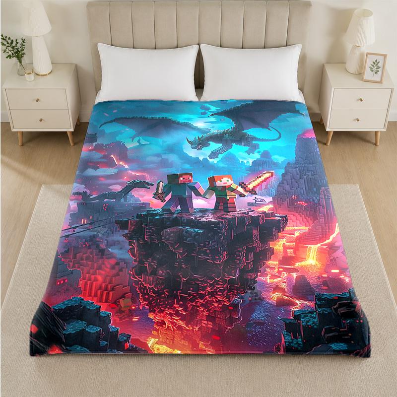 Minecraft Print Flannel Blanket Cozy Warm Plush Throw Blanket For Bed Sofa Couch Indoor Household Use