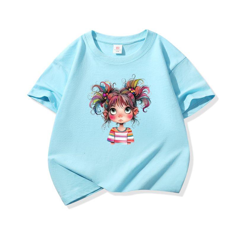 Kids Cotton T Shirt Bright Rainbow Hair Girl Watercolor Print Crew Neck Short Sleeve Tee Casual Boys Girls Summer Tops