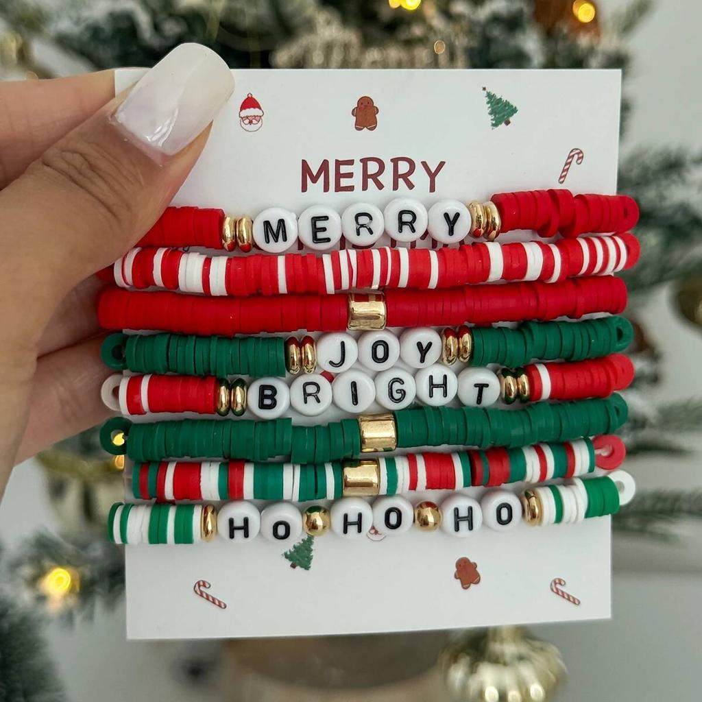Salircon Cute Christmas Soft Ceramic Elastic Bead Bracelet Set for Women Trendy Simple Rope Chain Bangle Couple New Jewelry Gift