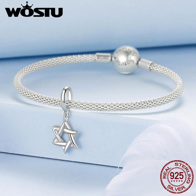 WOSTU Серебро 925 Звезда Клипса Бусины силиконовый Стопор Циркон Шарм Шестиконечная Звезда Подвеска Ель Оригинальный Браслет Ожерелье DIY Подарок на День Рождения