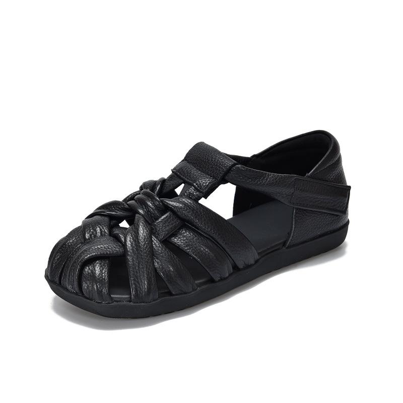 Johnature Ретро-сандалии на плоской подошве с квадратным носком для женщин из натуральной кожи с мягкой подошвой и ажурной отделкой - римские туфли