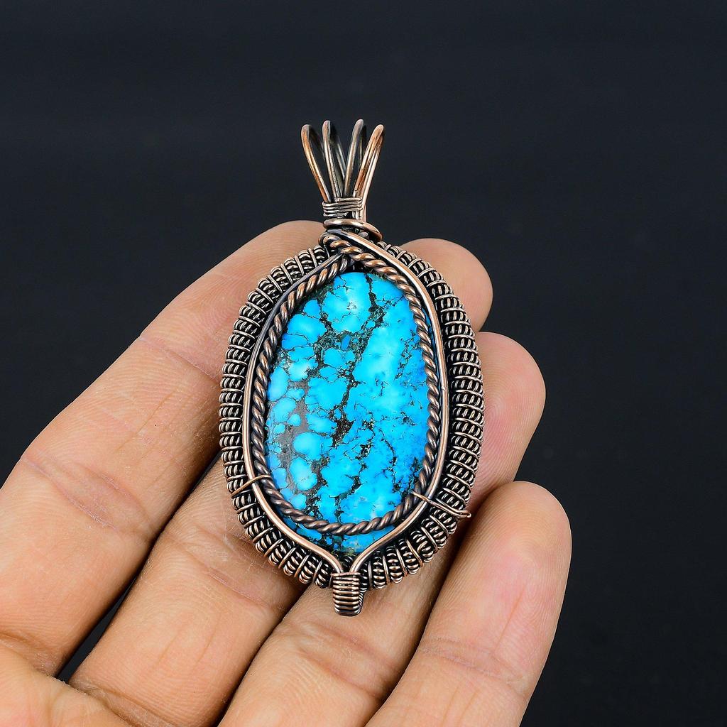 Tibetan Turquoise Pendant, 999 Copper Wire Wrapped Gemstone Jewelry, Handmade Pendant, For Thanksgiving