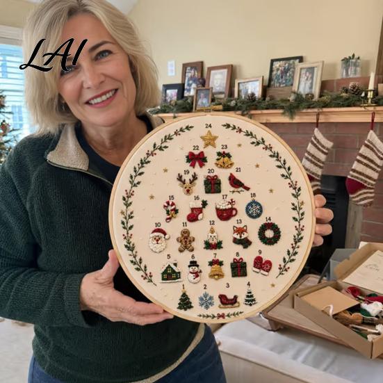 DIY Hand Embroidery Starter Kit 24 Days Christmas Tree Kit Sewing for Beginners Holiday Handmade Project Material Pack with Full Tools Ideal Gifts