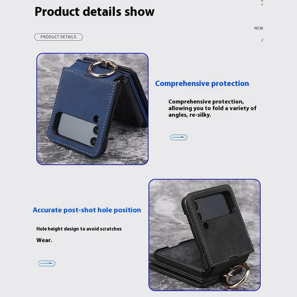 For Samsung Galaxy Z Flip5 5G Case Card Holder Leather+PC Phone Cover with Finger Ring