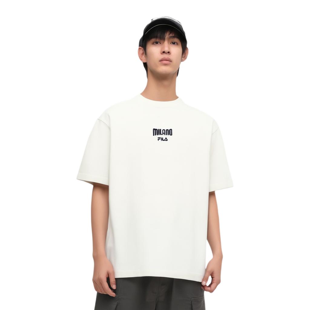 Fila Серия Milano SS25 Футболка мужская с коротким рукавом, спущенным плечом, свободного кроя, с круглым вырезом, крупной вязки, с логотипом F11M535102F-WT