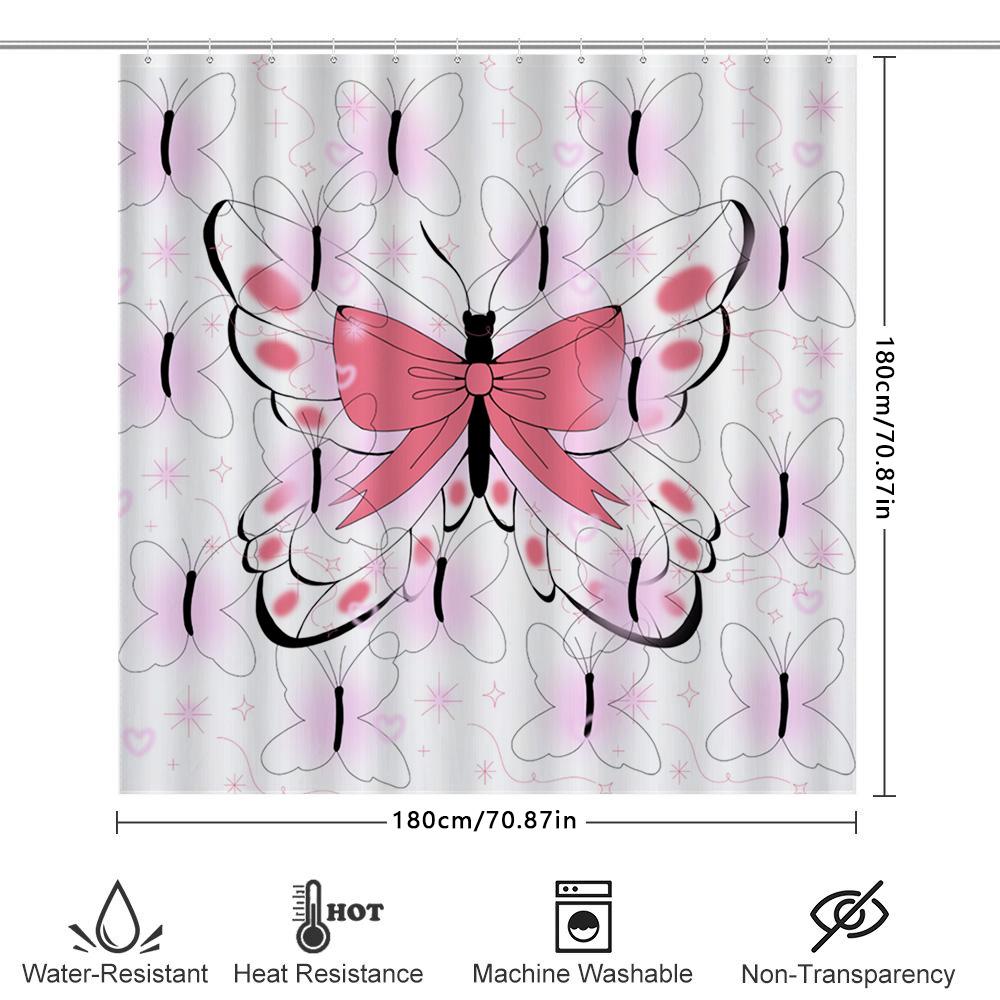 Pink Butterfly Shower Curtain with Black Outline Pattern for Bathroom Decor Waterproof Fabric, Flower Design Home Bath Accessori