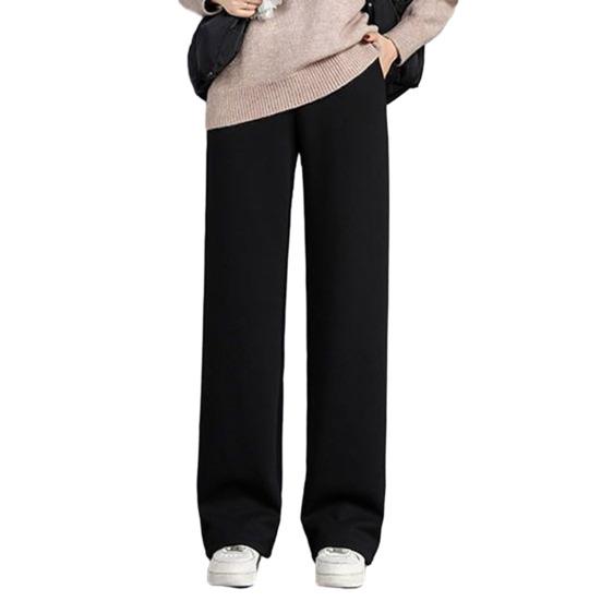 Women Autumn Winter Fleece Lining Pants Elastic High Waist Straight Wide Leg Pants Solid Color Loose Fit Long Trousers