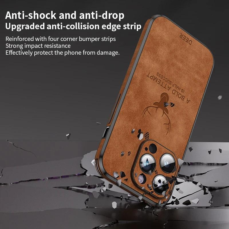 Роскошный чехол для телефона из кожи оленя для iPhone 15 14 13 12 11Pro Max XS XR XS Max 7 8Plus, стеклянный бампер с объективом, противоударный силиконовый чехол