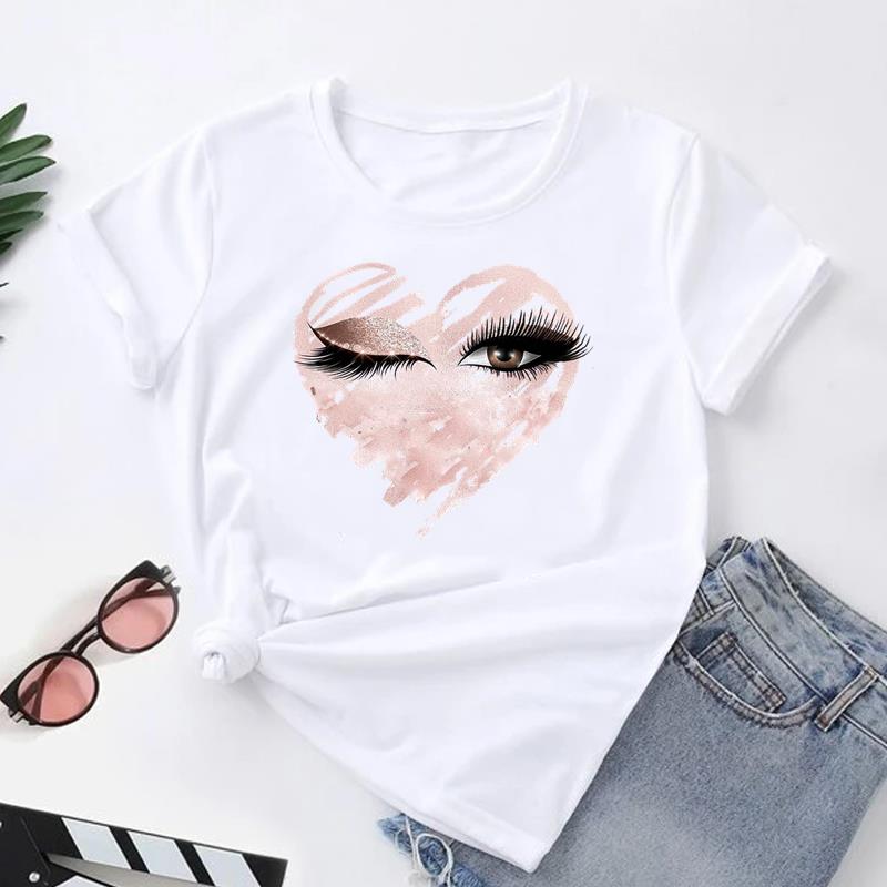 (Asian Size) Women Print Tee Top Fashion Eye Lashes Style Cute Trend 90s T Shirt Woman Female Clothing Short Sleeve Graphic T-shirts