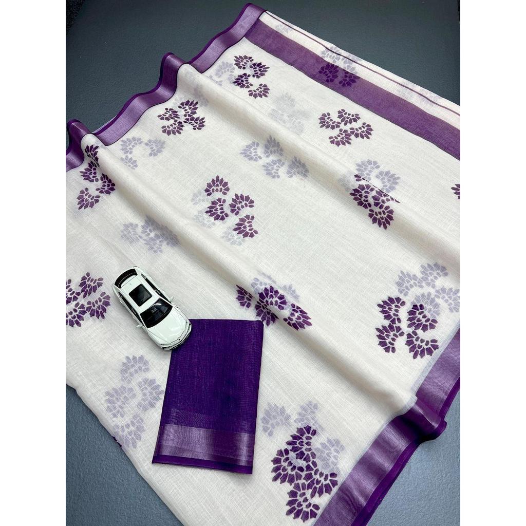 Льняное сари с серебряной каймой джари