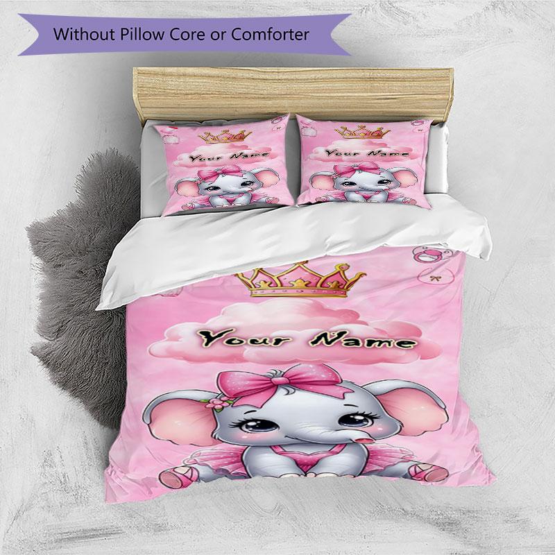 3pcs Custom Name Pink Elephant Princess Bedding Set Printed Bedding Set Duvet Cover Closure Includes 1 Duvet Cover & 2 Pillowcases Bedroom Decor
