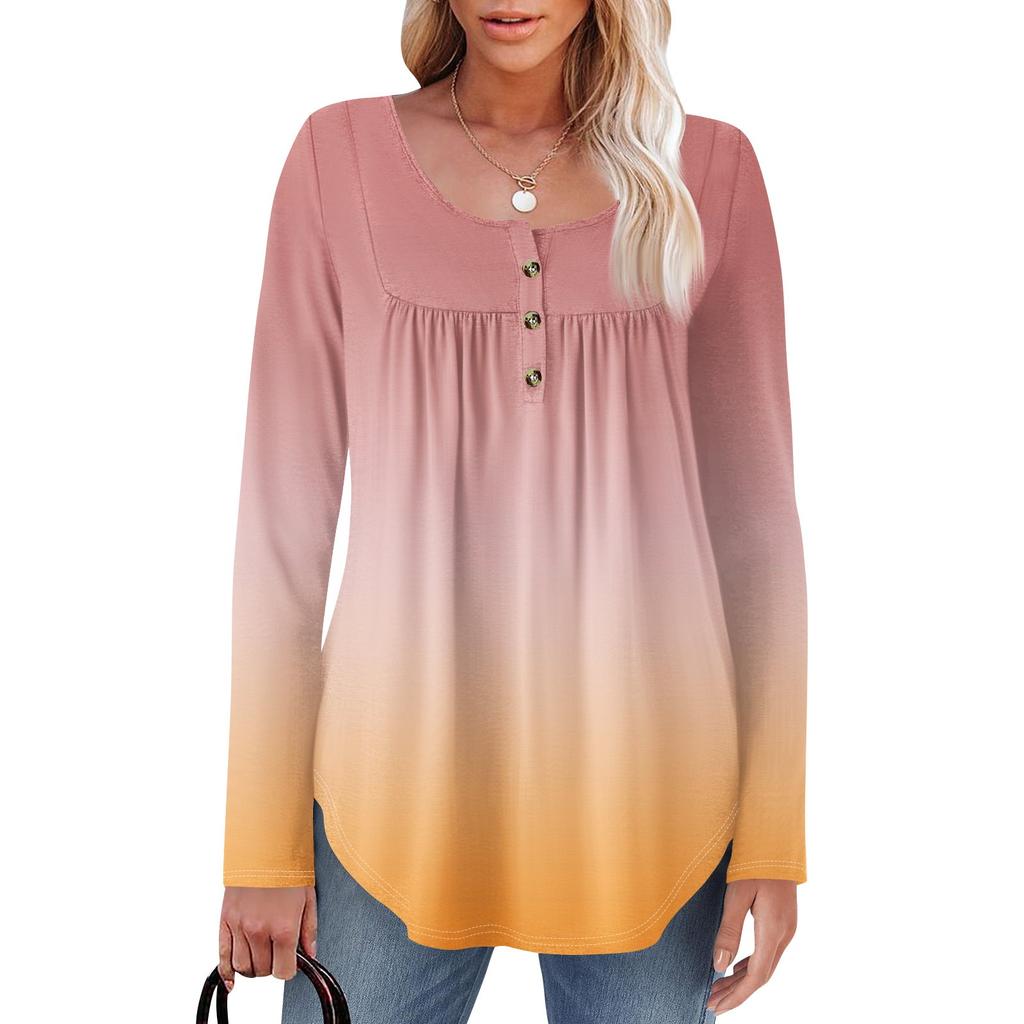 Женская туника с длинным рукавом, свободные топы, повседневные топы оверсайз, плиссированная туника, застегивающаяся на пуговицы, повседневные женские топы с принтом