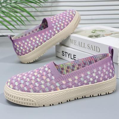 Женские повседневные туфли на плоской подошве, лоферы с круглым носком, противоскользящие дышащие прогулочные туфли, легкие нарядные туфли для женщин, удобные трикотажные туфли на плоской подошве