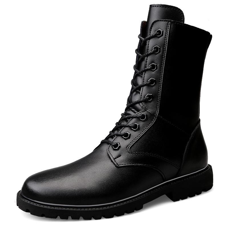 Cotton High-top Tall Cowhide Martin Boots Flat-bottomed Round Boots Work Outdoor Lace-up Side Zipper Hollow Boots Men