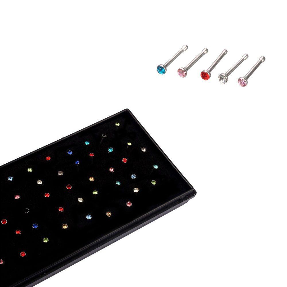 60 Pcs Girl Fashion Stainless Steel Nose Studs Ring Nose Ring Body Piercing Jewelry Rhinestone