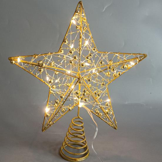 Светодиодная звезда на елку, блестящая золотая металлическая звезда, светящееся украшение на батарейках