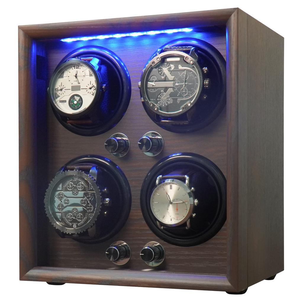 ORYX Заводная машина Заводчик часов 4-заводная Шкатулка для часов Автоматическая заводка Регулируемая подушка со светодиодной подсветкой Высококачественная деревянная Питание от USB