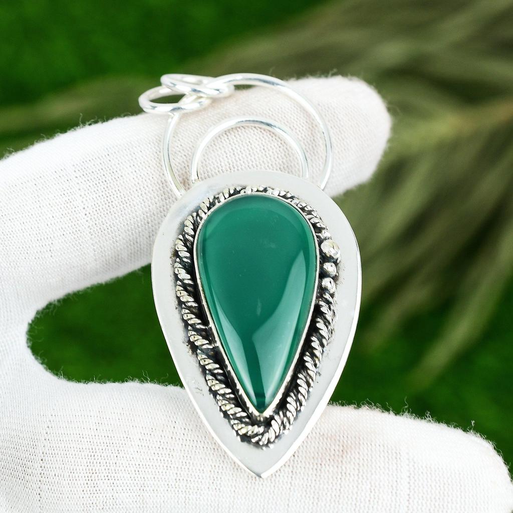 Sisters Day Deal Sterling Silver Pear Green Onyx Gemstone Bezel Handmade Pendant