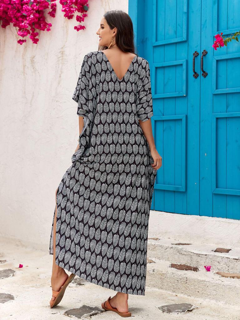 Пляжная накидка с V-образным вырезом с принтом: Свободный халат в европейском и американском стиле для отдыха на море