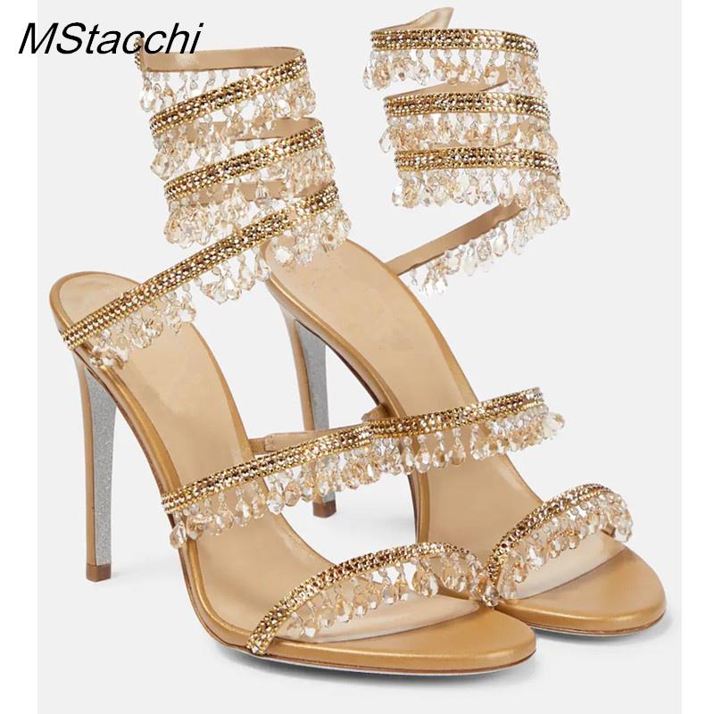 Сандалии с кристаллами, женские летние свадебные туфли, туфли на высоком каблуке для вечеринок, босоножки с ремешками на щиколотке, дизайнерские туфли на шпильках