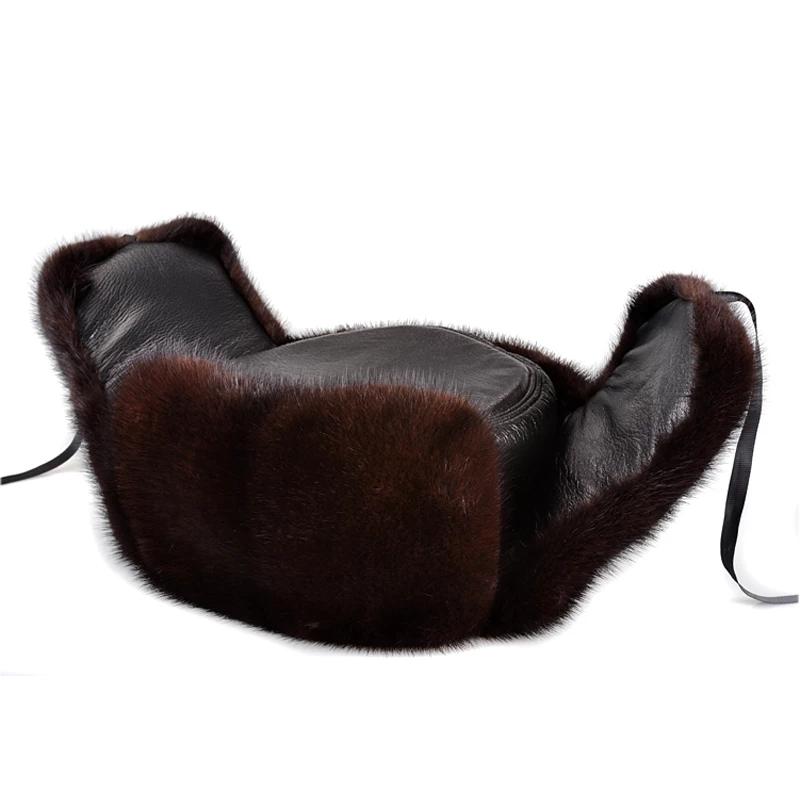 Роскошная зимняя утепленная шапка-бомбер из натурального меха норки для мужчин, черная/коричневая бирка для пожилых людей, теплая шапка, мотоциклетные русские шапки, подарок