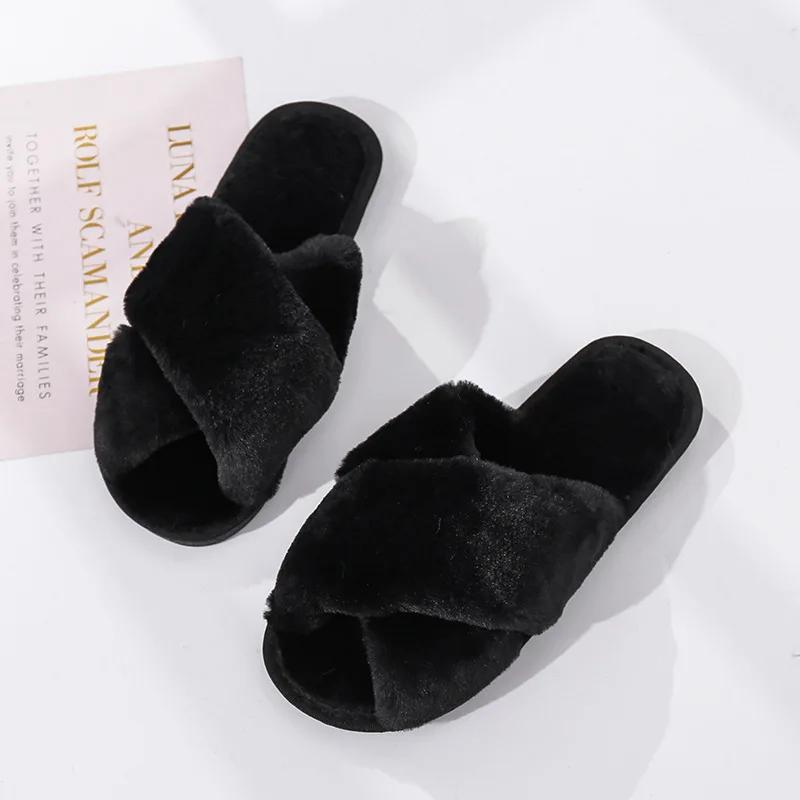 Winter Women House Slippers Faux Fur Fashion Warm Shoes Woman Slip On Flats Female Slides Black Pink Cozy Home Furry Slippers